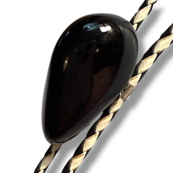 VTG Obsidian Bolo Tie Western Southwestern White Black Braid Cord Leather Unisex - Picture 7 of 12